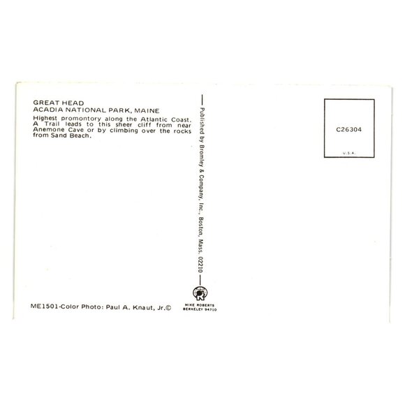 Great Head Acadia National Park Postcard Coastal Cliff Maine Vintage Bromley - Picture 2 of 2